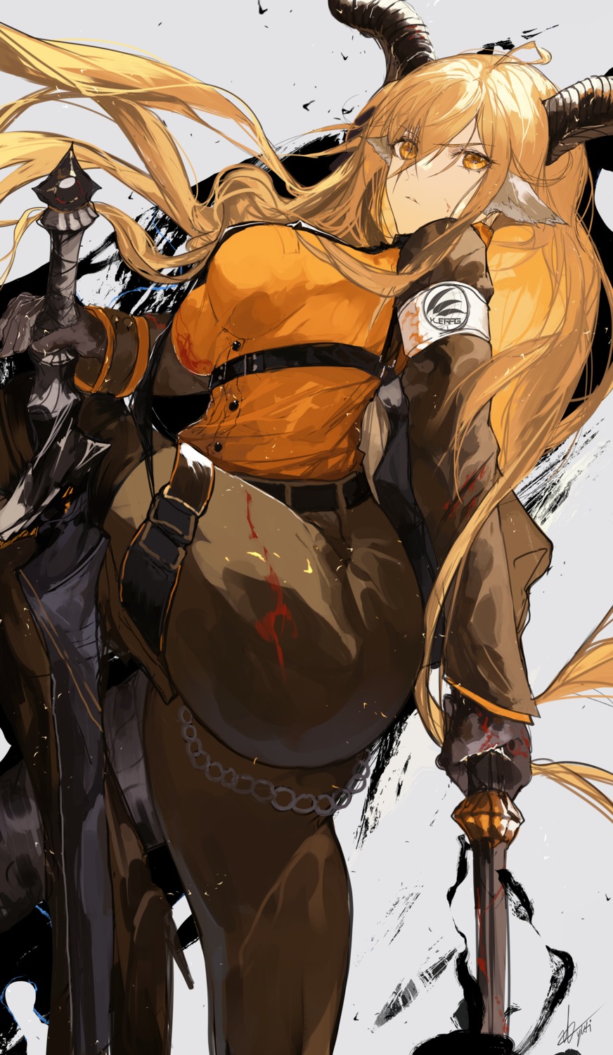 animal_ears, arknights, degenbrecher_(arknights), garter, horns, sword, uniform, yuki_flourish