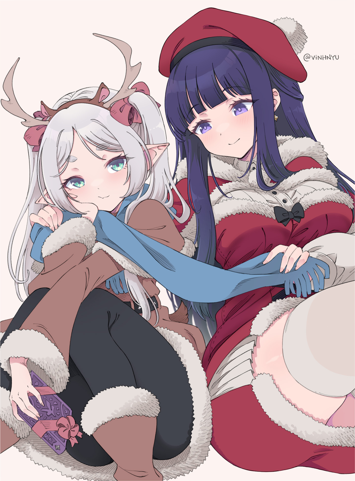 animal_ears, christmas, elf, fern, frieren, horns, pantyhose, pointy_ears, sousou_no_frieren, thighhighs, vinhnyu