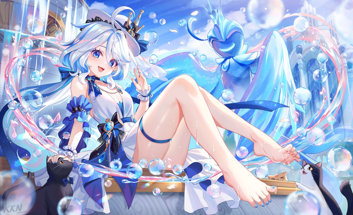 dress, feet, furina, garter, genshin_impact, heterochromia, lalazyt, monster