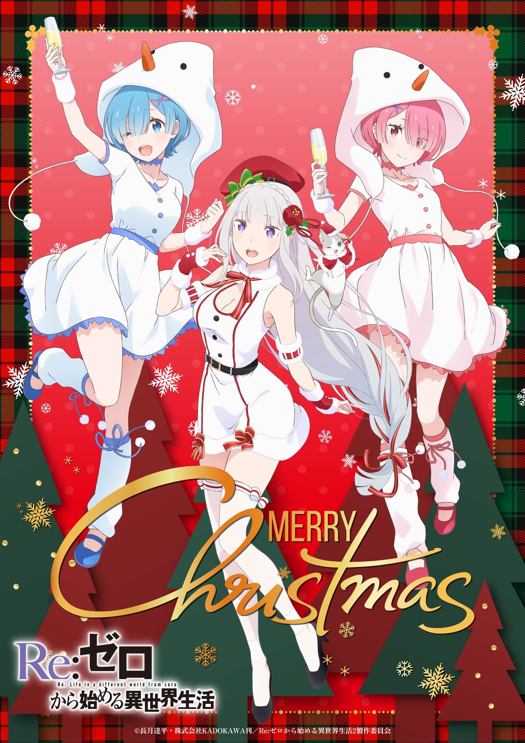 christmas, dress, elf, emilia_(re_zero), heels, pointy_ears, ram_(re_zero), re:zero_kara_hajimeru_isekai_seikatsu