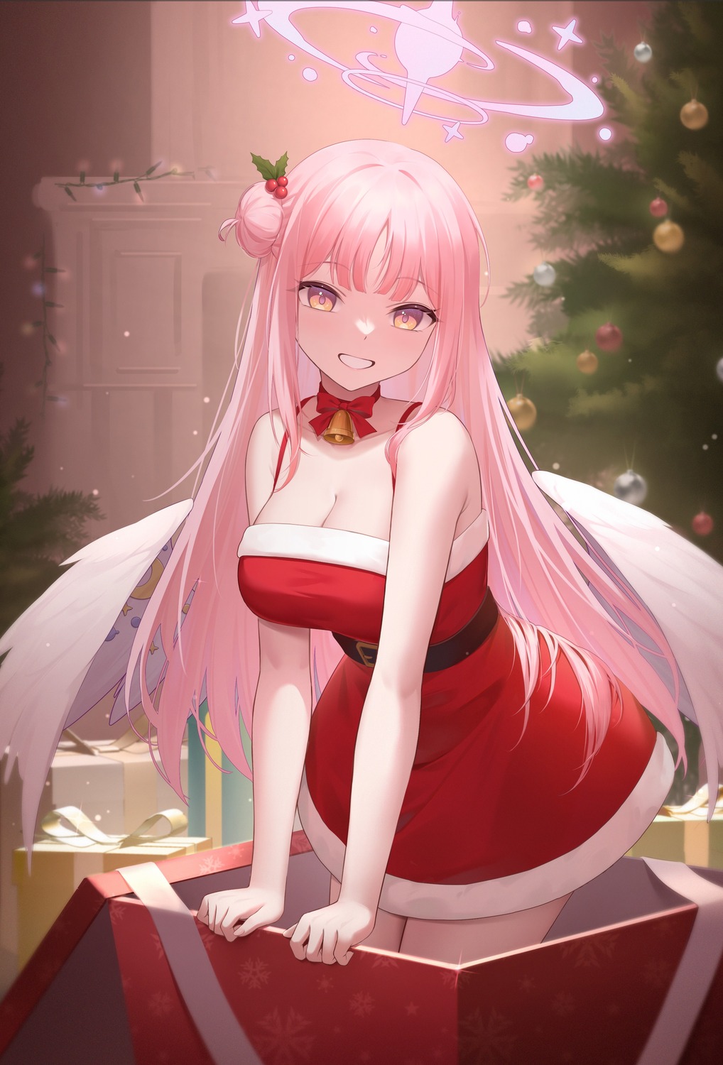 angel, blue_archive, christmas, cleavage, dress, misono_mika, no_bra, wings