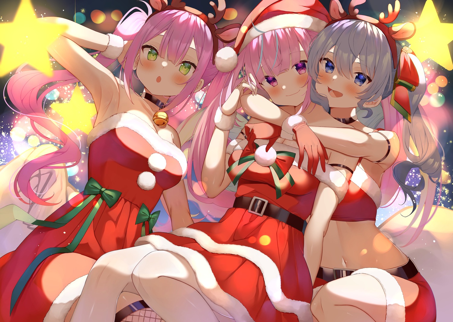animal_ears, christmas, dress, fishnets, hololive, horns, hoshimachi_suisei, minato_aqua, momoshiro_amano, no_bra, thighhighs, tokoyami_towa