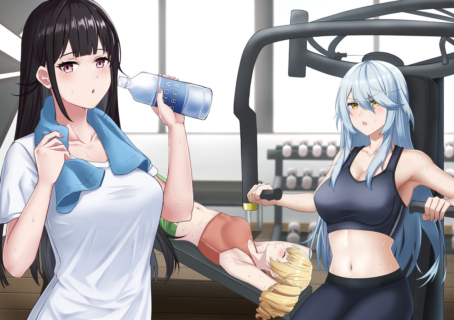 cleavage, fenny_golden, gym_uniform, lyfe_bestla, snowbreak:_containment_zone, tagme, towel, yao_(snowbreak)