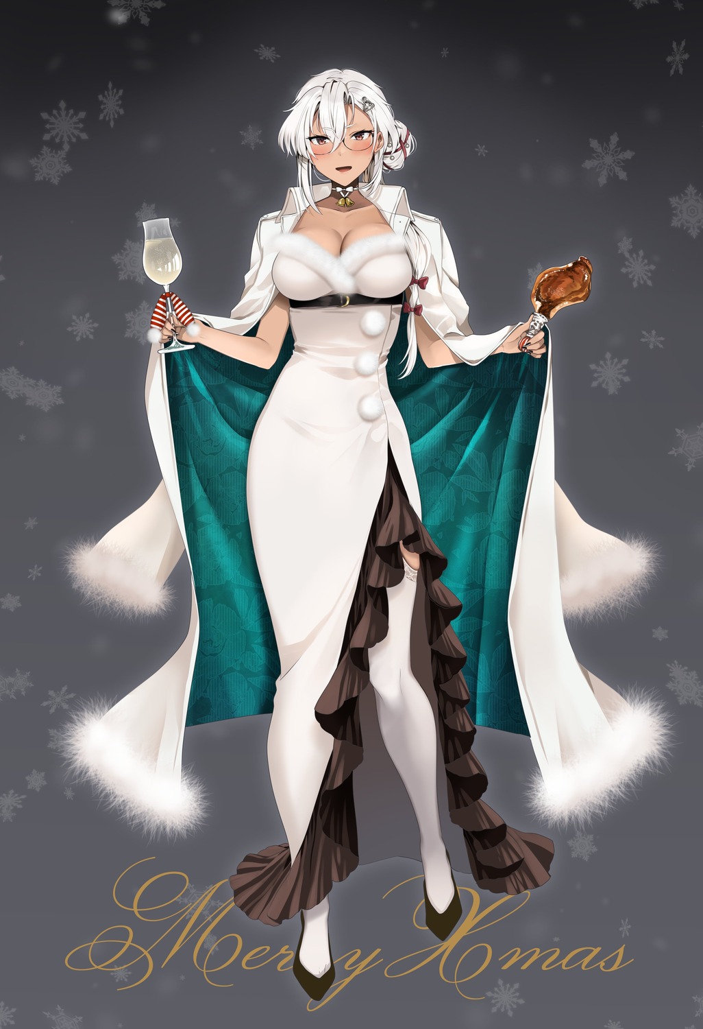 christmas, dress, kantai_collection, megane, musashi_(kancolle), thighhighs, yunamaro