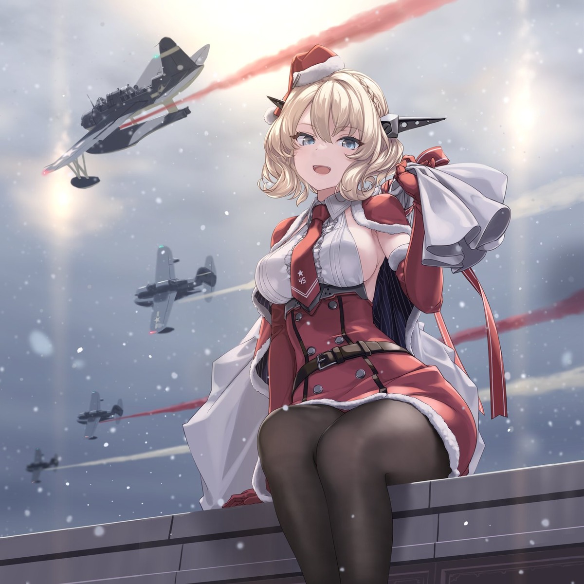 christmas, colorado_(kancolle), kantai_collection, no_bra, pantyhose, rokuwata_tomoe, skirt_lift, uniform