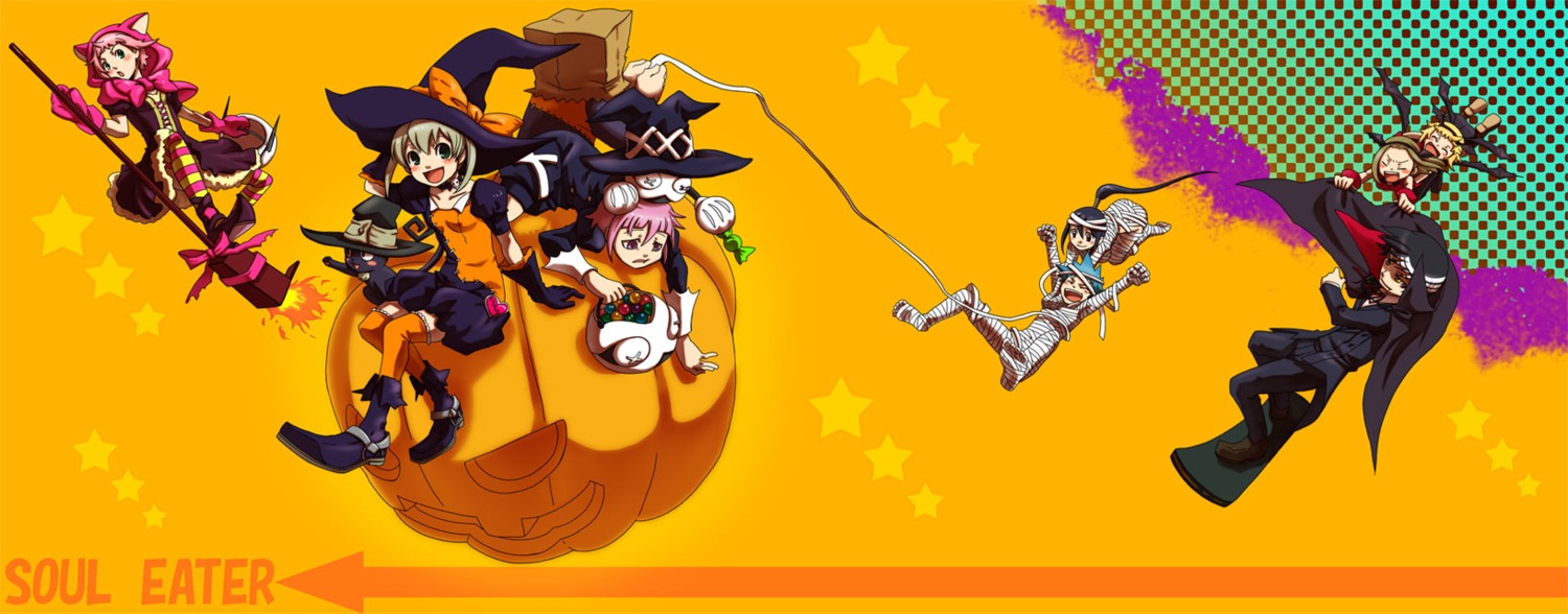 black_star, blair, death_the_kid, elizabeth_thompson, halloween, jpeg_artifacts, maka_albarn, makenshi_chrona, nakatsukasa_tsubaki, patricia_thompson, soul_eater, suzu_(pixiv98534)