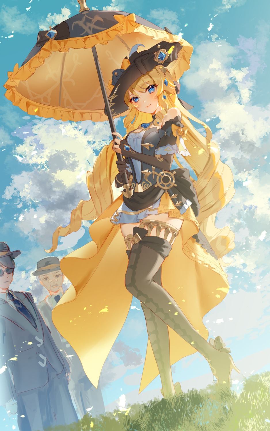 business_suit, dress, genshin_impact, harushio, heels, megane, navia, thighhighs