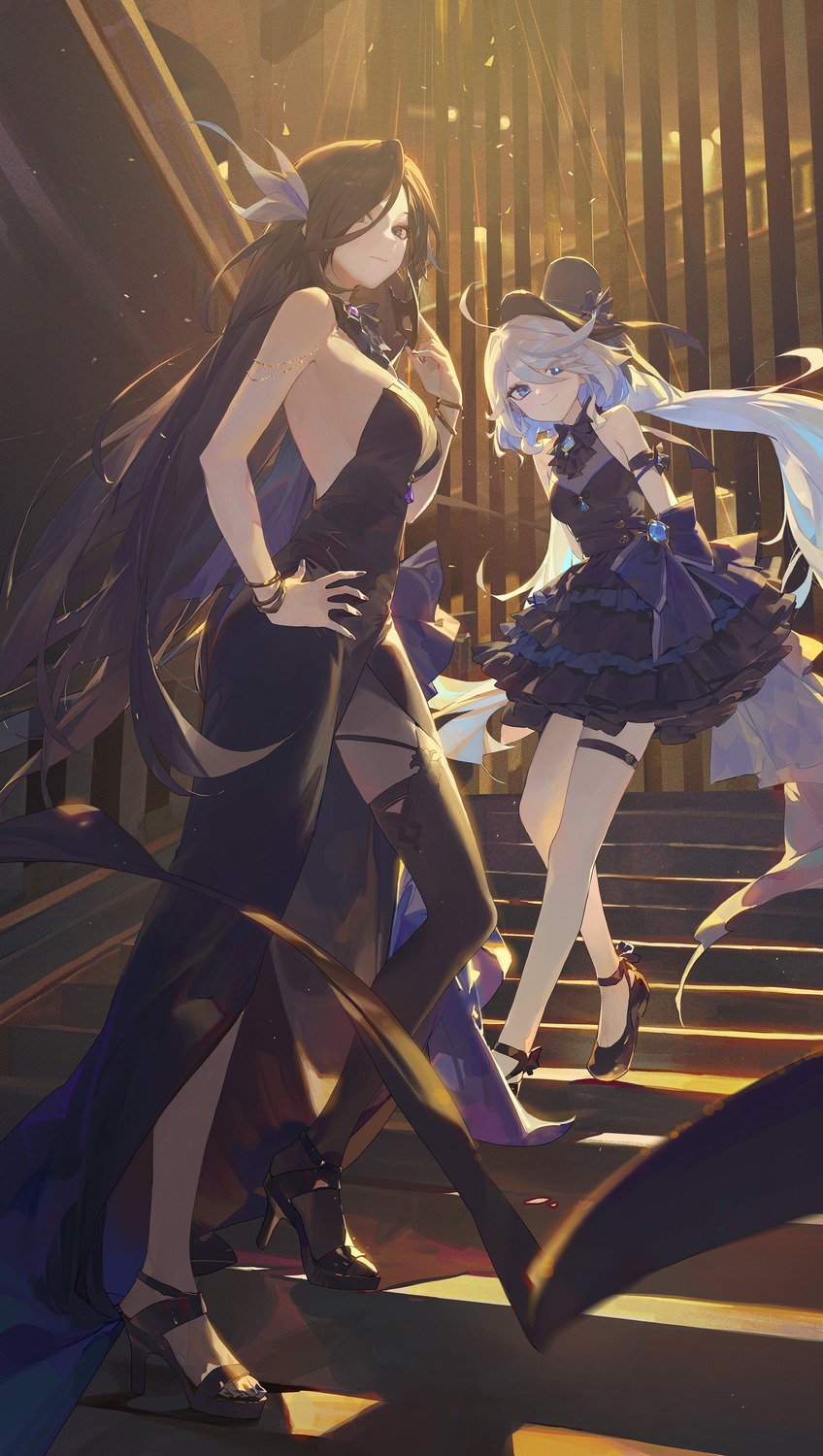 clorinde, dress, furina, garter, genshin_impact, heels, heterochromia, modare, no_bra, thighhighs