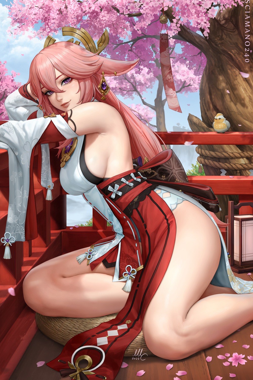 animal_ears, genshin_impact, japanese_clothes, kitsune, mirco_cabbia, no_bra, yae_miko
