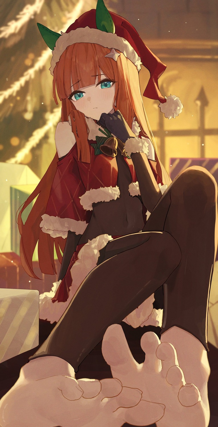 animal_ears, bodysuit, christmas, feet, ningen_gokko, silence_suzuka_(umamusume), tail, uma_musume_pretty_derby