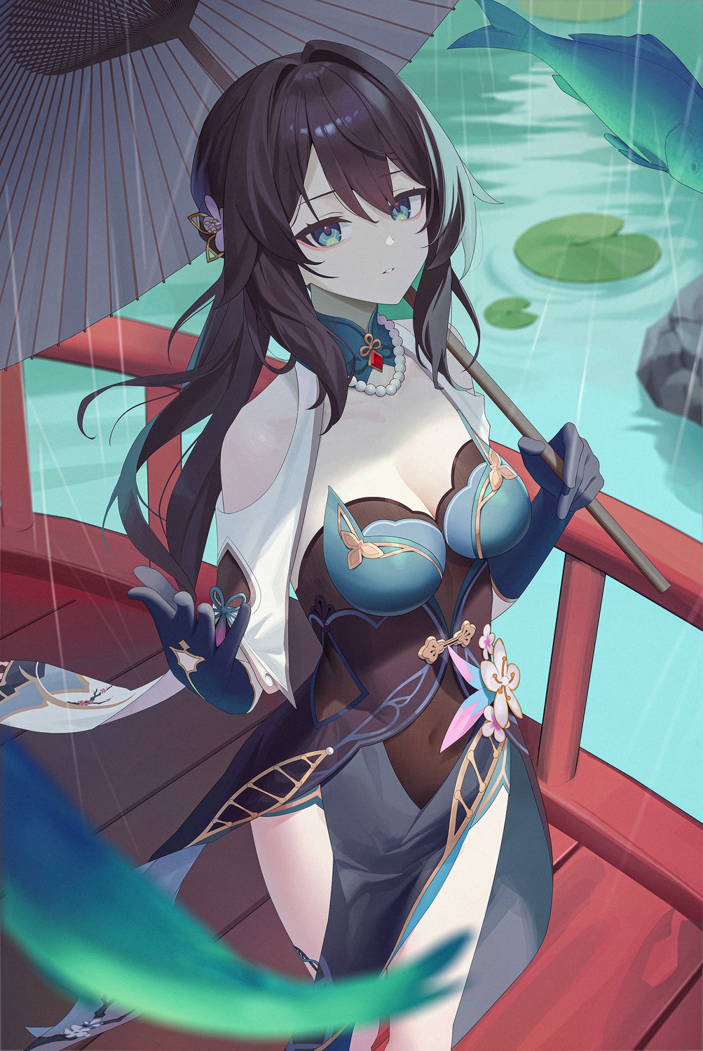 asian_clothes, aya_(lezon), cleavage, garter, honkai:_star_rail, ruan_mei, umbrella