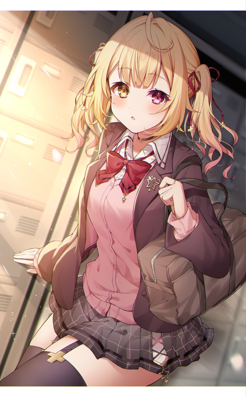 heterochromia, hoshikawa_sara, nijisanji, seifuku, stockings, sweater, thighhighs, zky_(oekaky)