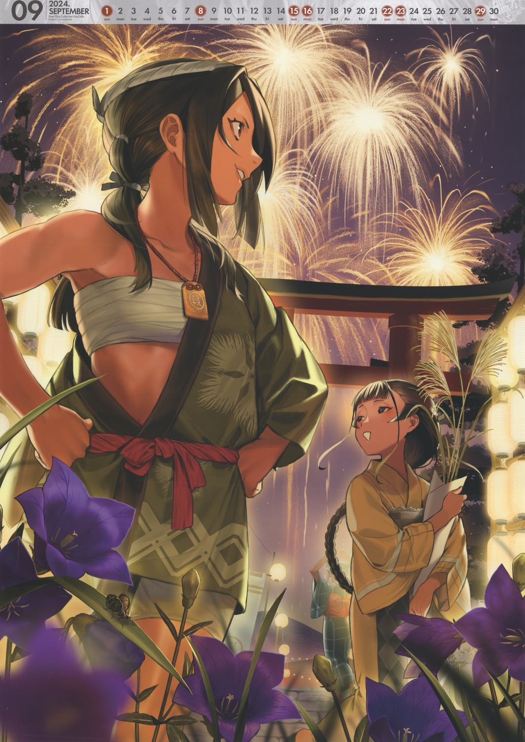 calendar, japanese_clothes, kantai_collection, kumano_maru_(kancolle), sarashi, umihara_sakana, yamashio_maru_(kancolle)