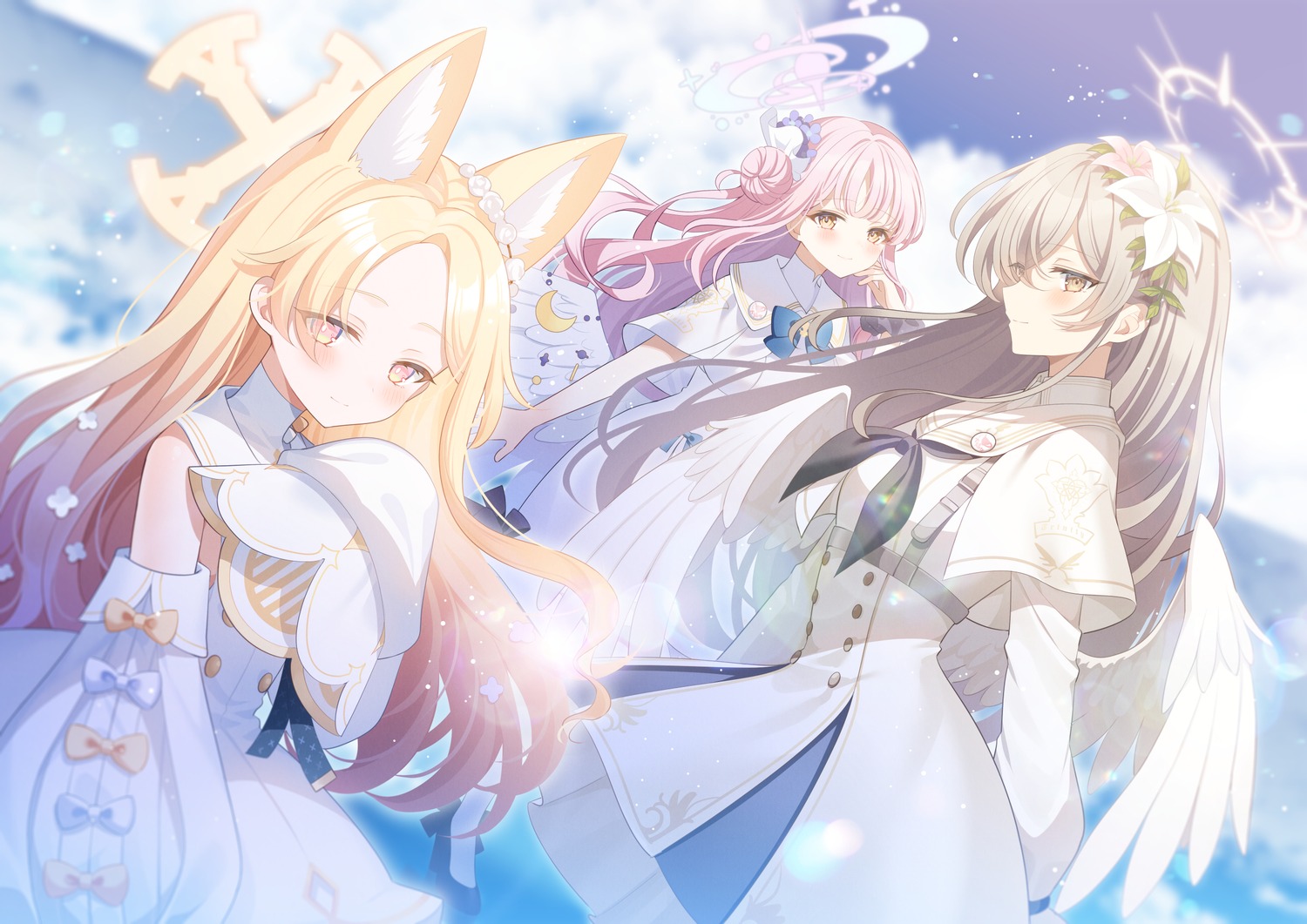 angel, animal_ears, blue_archive, dress, halo, kirifuji_nagisa, kitsune, misono_mika