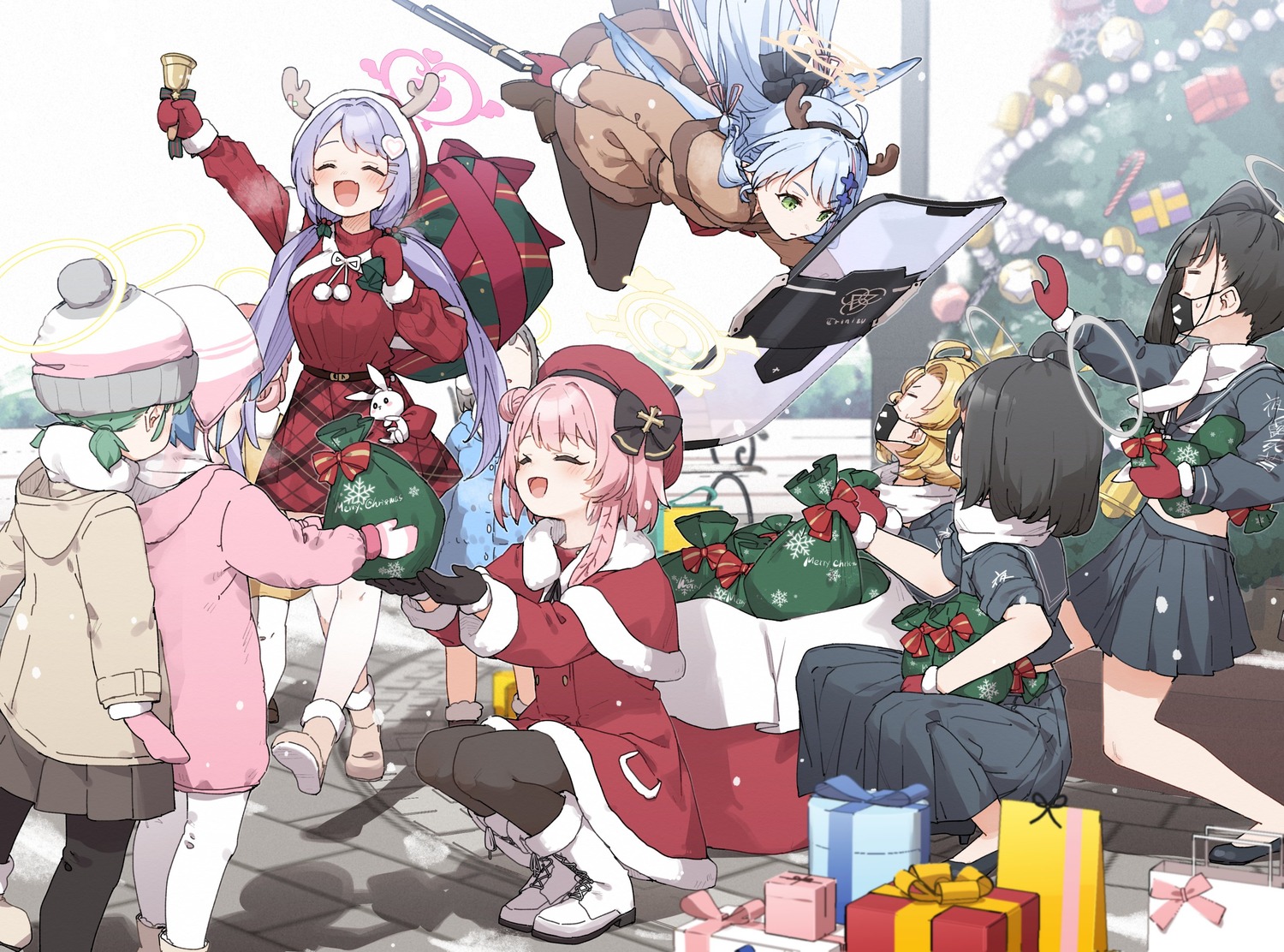 angel, aomori_mine, asagao_hanae, blue_archive, christmas, dress, gun, halo