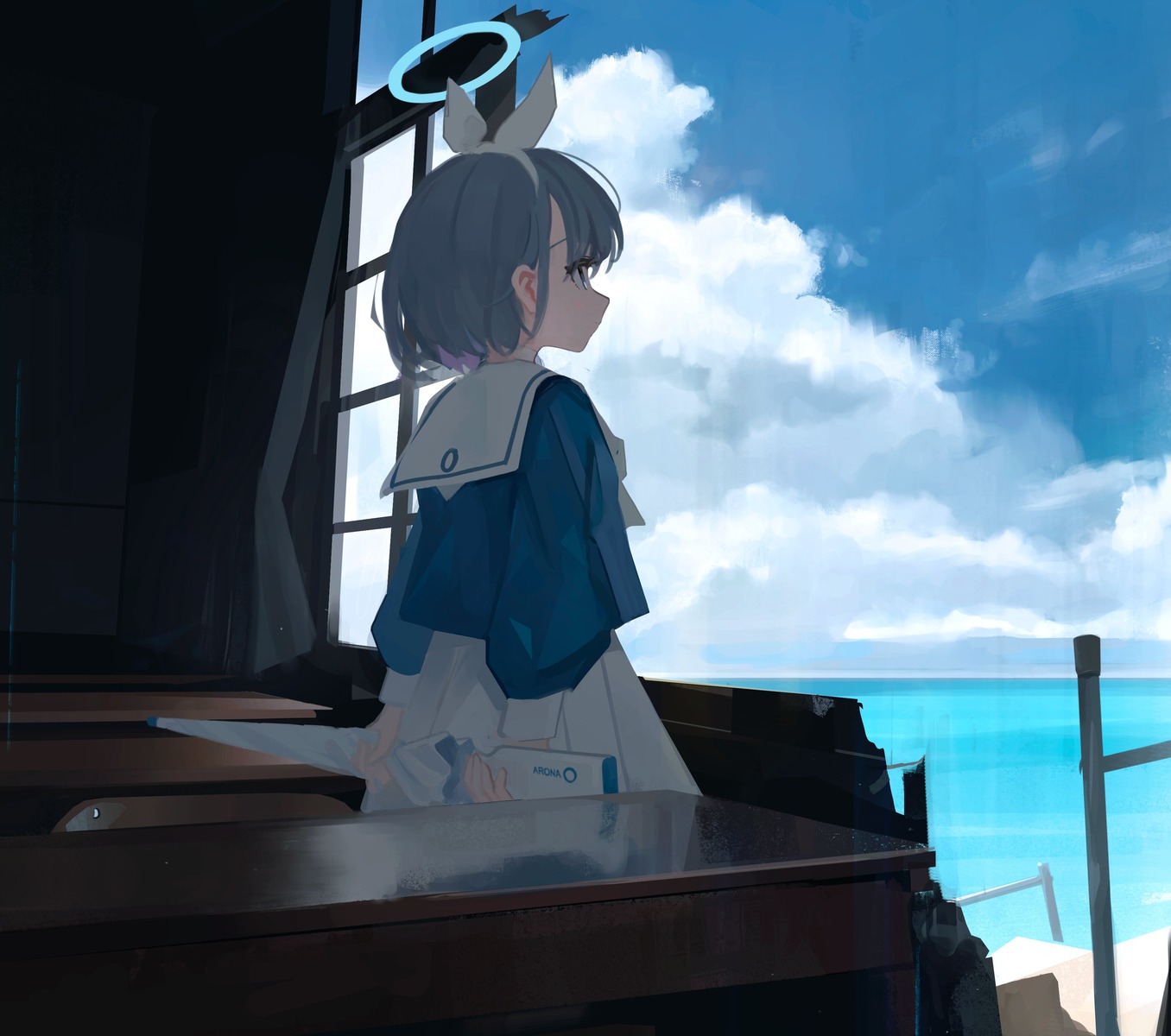arona_(blue_archive), blue_archive, gun, halo, orval, seifuku, umbrella