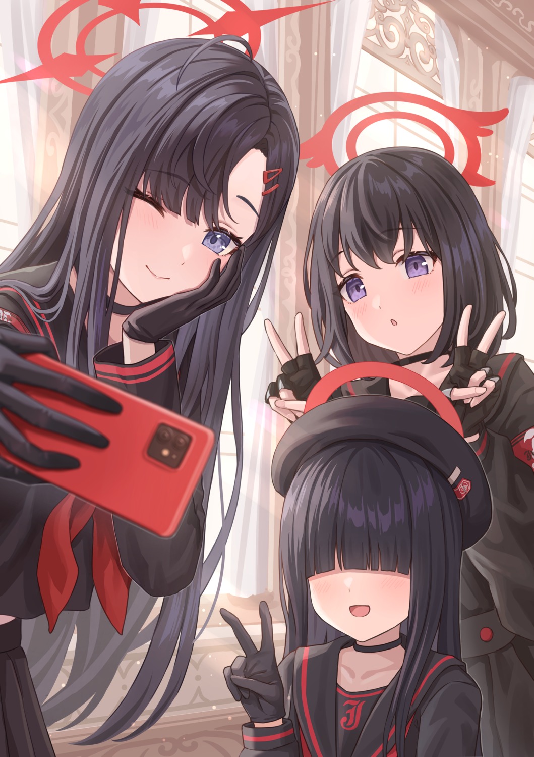 blue_archive, halo, justice_realization_committee_member, nakamasa_ichika, seifuku, selfie, shizuyama_mashiro, simoumi_217