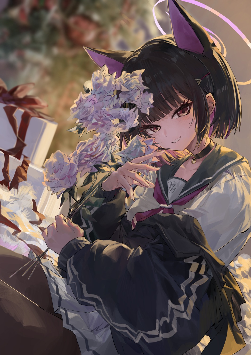 animal_ears, blue_archive, dainillust, halo, kyouyama_kazusa, nekomimi, pantyhose, seifuku