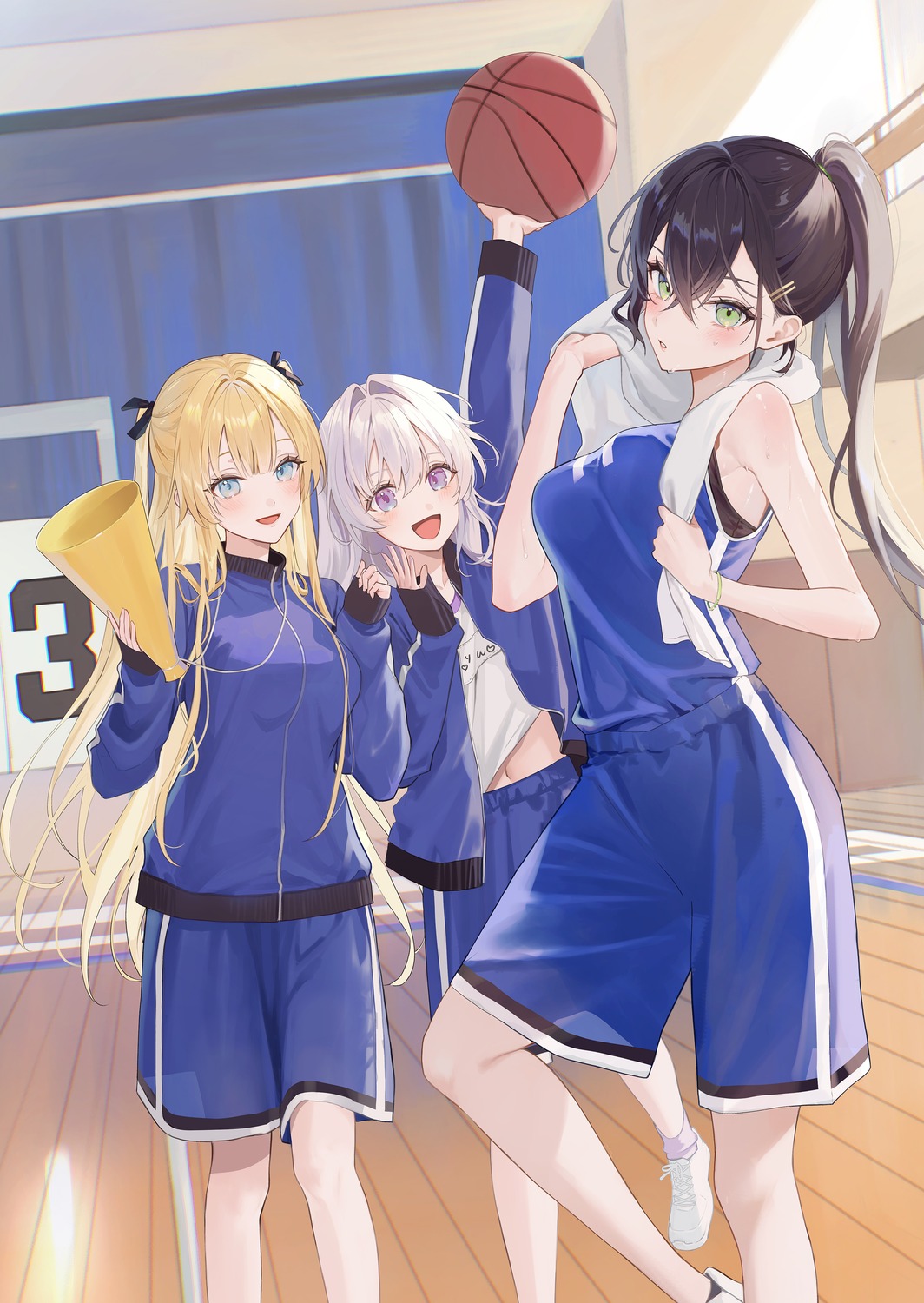 basketball, gym_uniform, himekawa_sara, kohinata_rin, magako, nazeka_s-kyuu_bijo-tachi_no_wadai_ni_ore_ga_agaru_ken, takamori_yuna