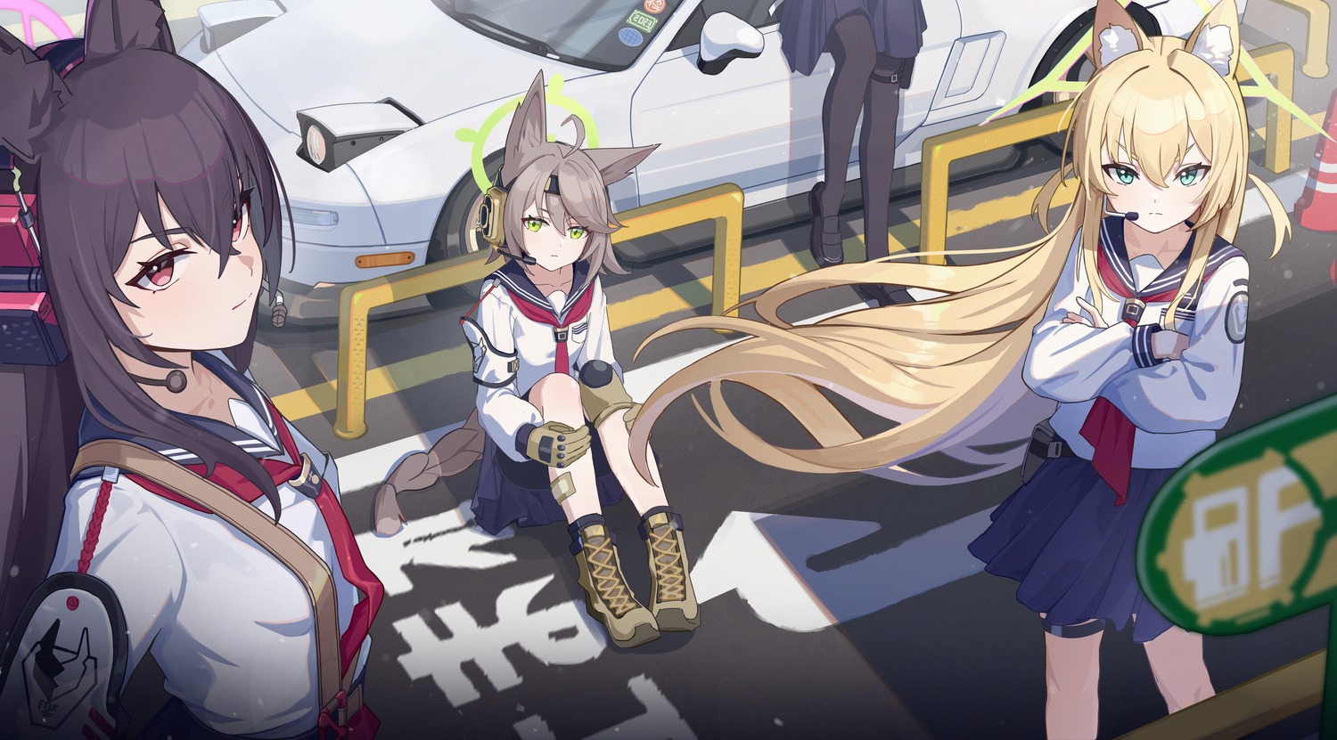 animal_ears, bandaid, bike_shorts, blue_archive, garter, halo, headphones, kitsune
