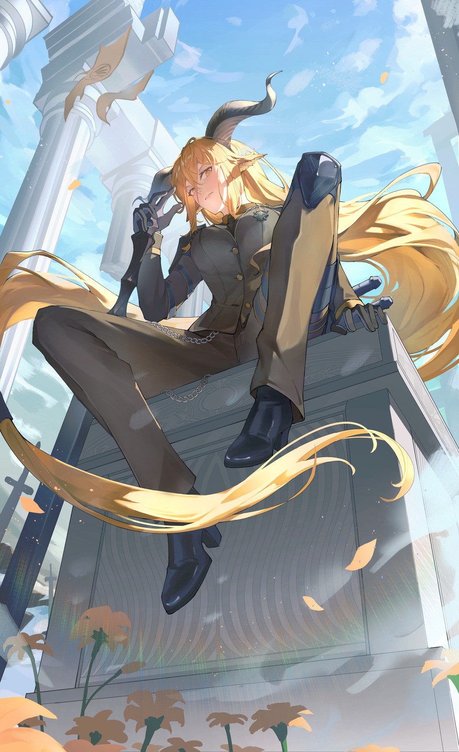 animal_ears, arknights, degenbrecher_(arknights), garter, heels, horns, noanekosan, sword, uniform