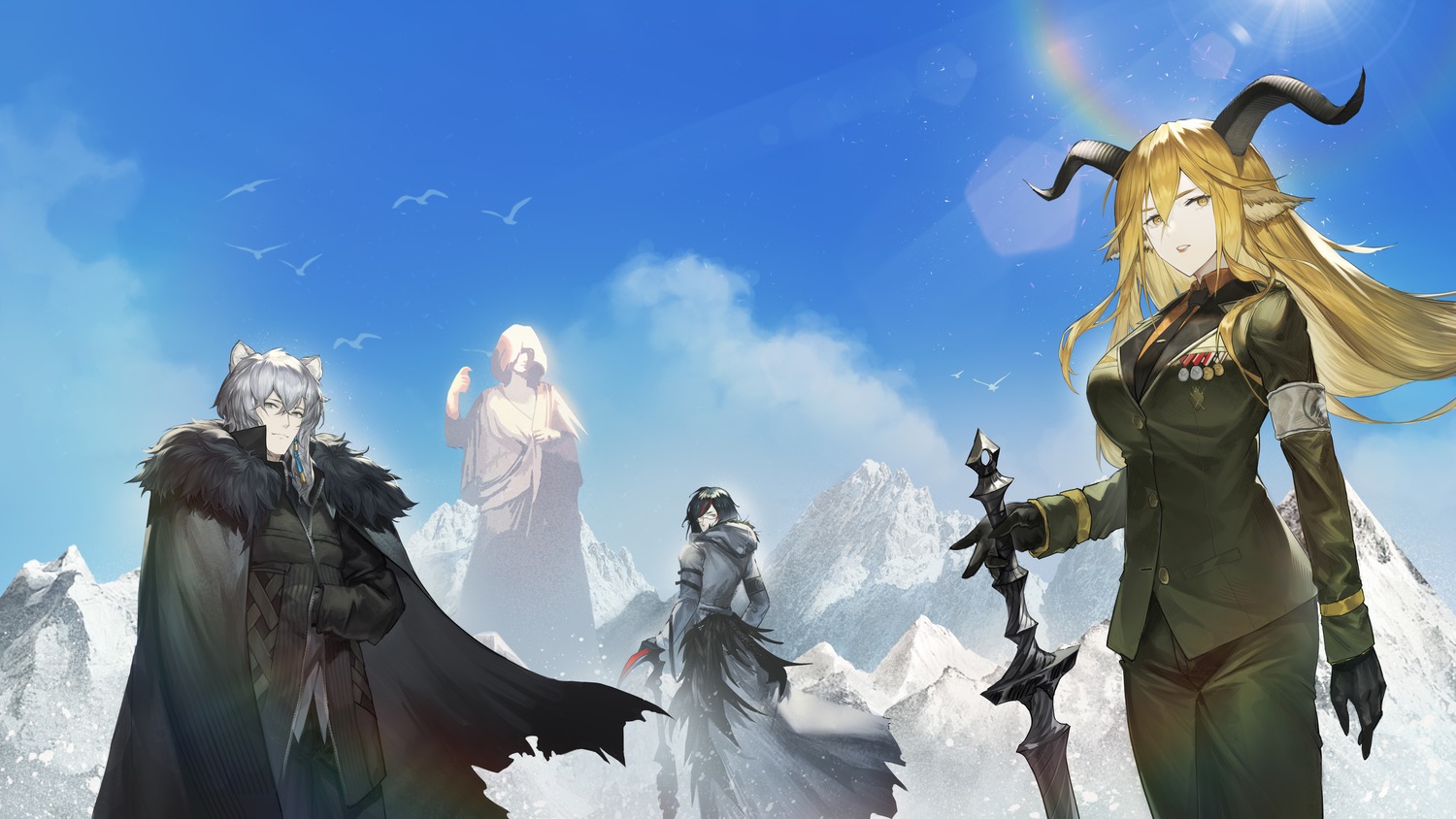 aglancethatlastshalfalifetime, animal_ears, arknights, degenbrecher_(arknights), garter, gnosis_(arknights), horns, megane, silverash_(arknights), sword, uniform, wallpaper