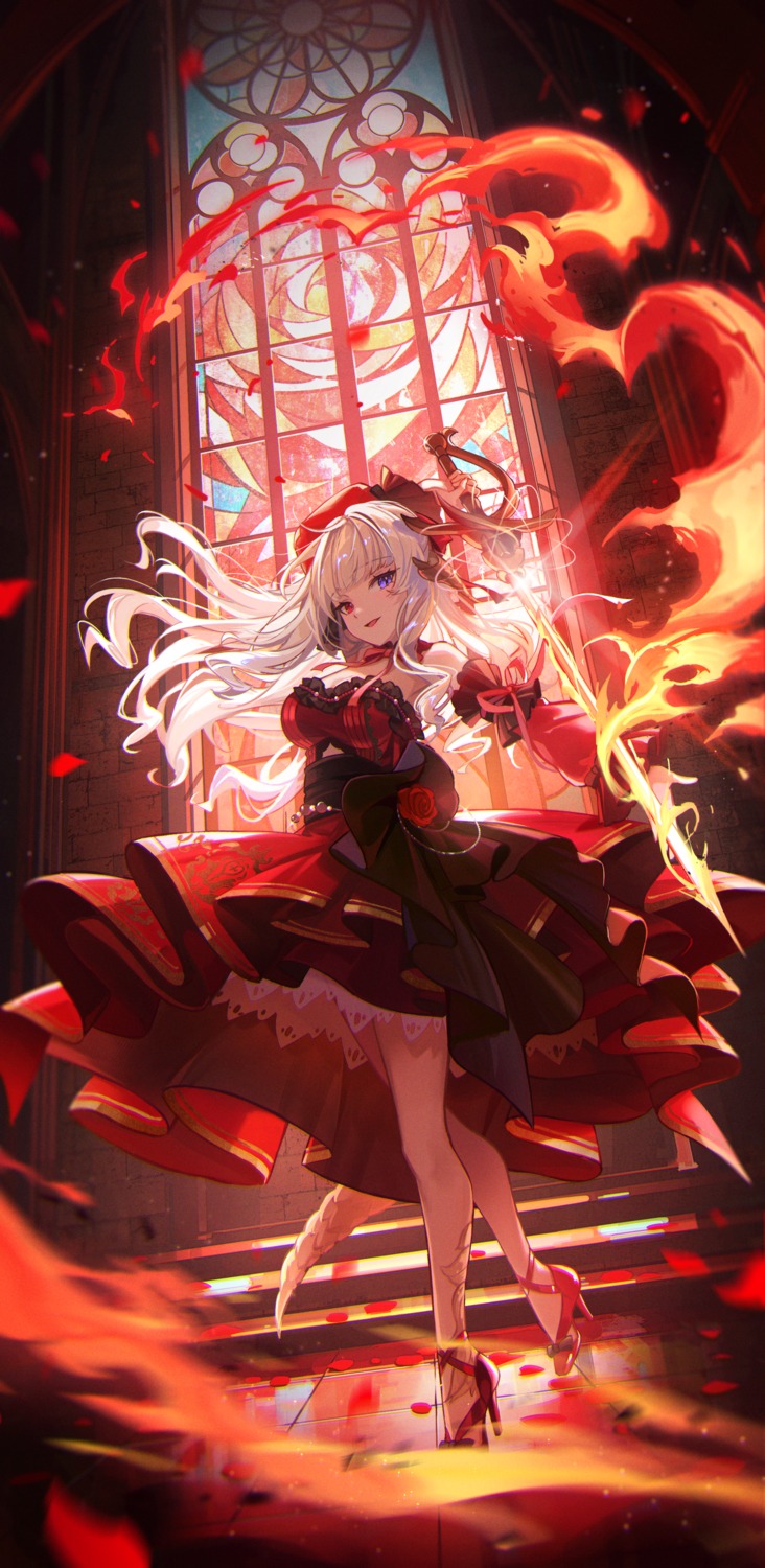 dress, heels, heterochromia, horns, kyusoukyu, sword, tail