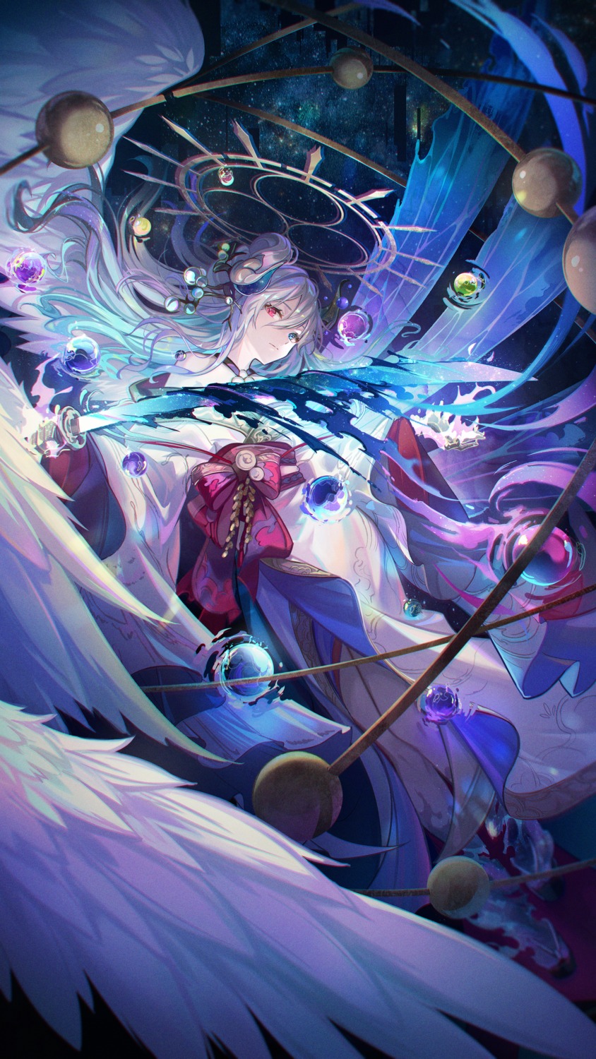 angel, heterochromia, horns, japanese_clothes, kyusoukyu, sword, wings