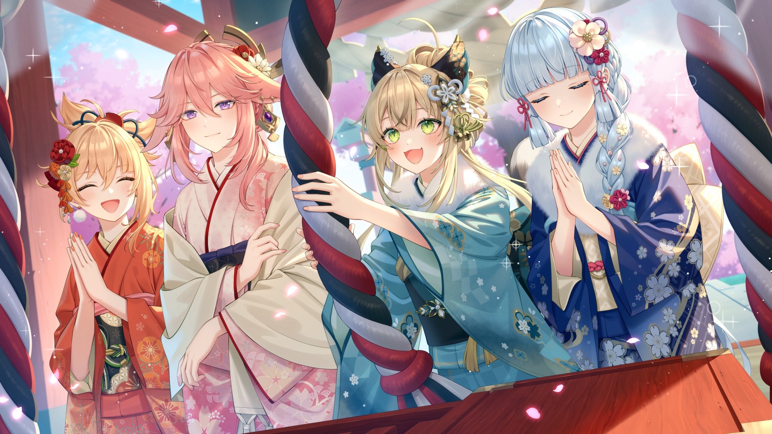 animal_ears, bshi_edayo, genshin_impact, kamisato_ayaka, kimono, kirara_(genshin_impact), kitsune, yae_miko