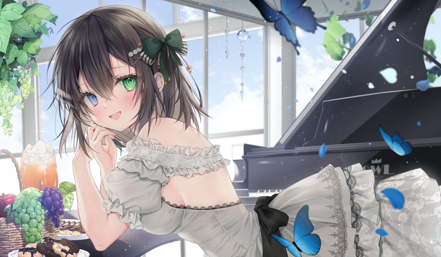 cropped, dress, heterochromia, no_bra, yoruhoshi_owl
