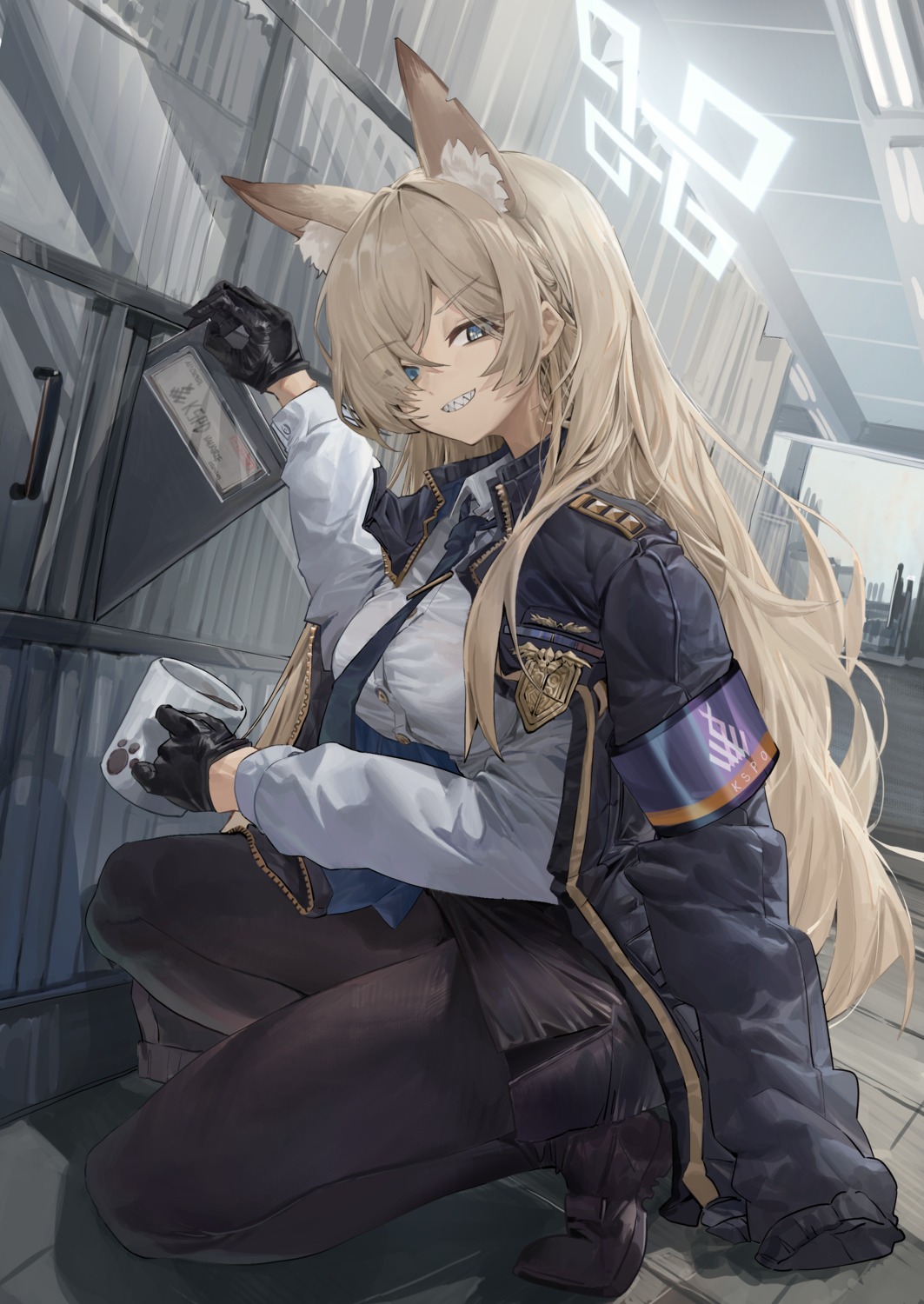 animal_ears, blue_archive, dainillust, halo, inumimi, ogata_kanna_(blue_archive), pantyhose, police_uniform