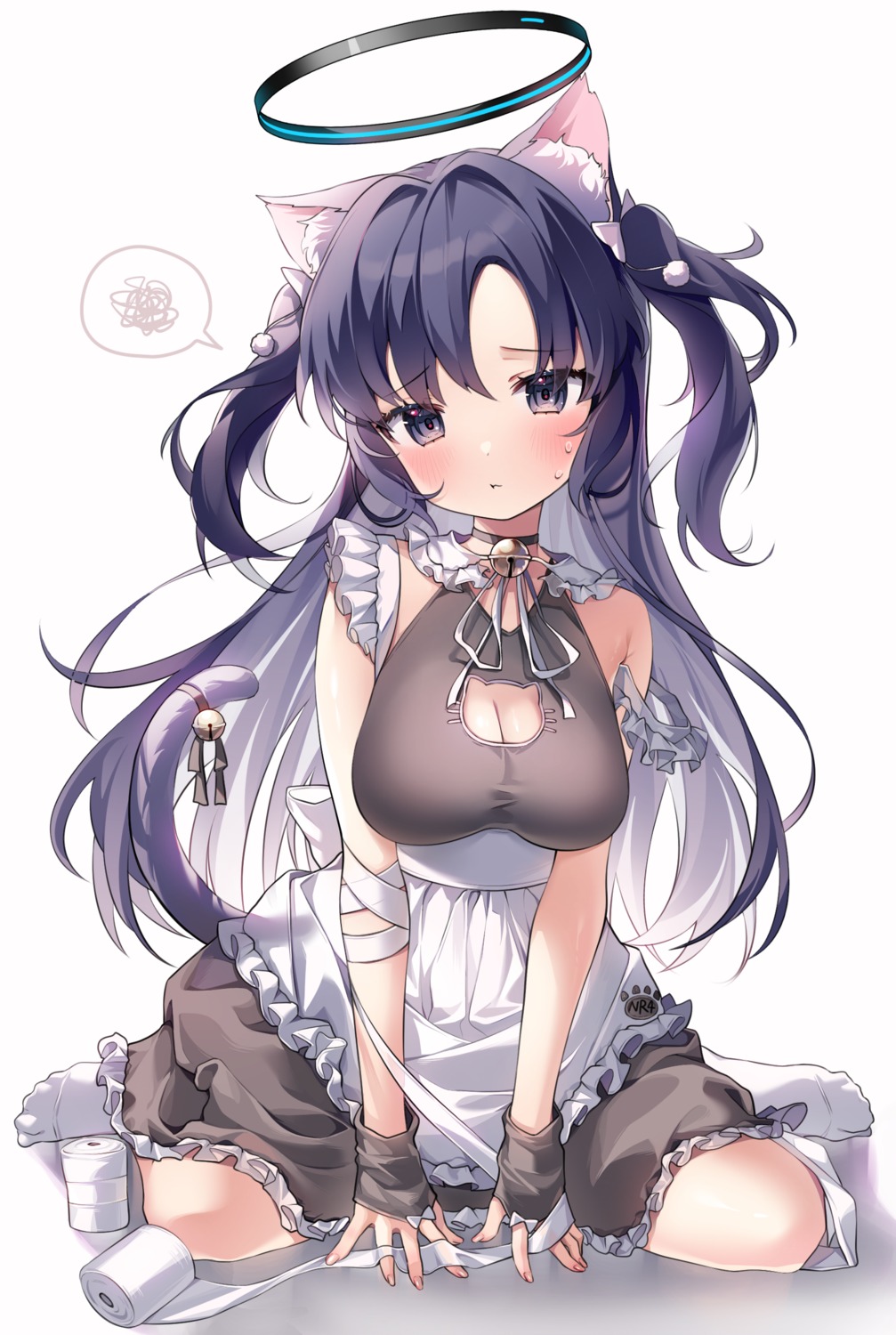 animal_ears, bandages, blue_archive, cleavage, halo, hayase_yuuka, maid, nekomimi