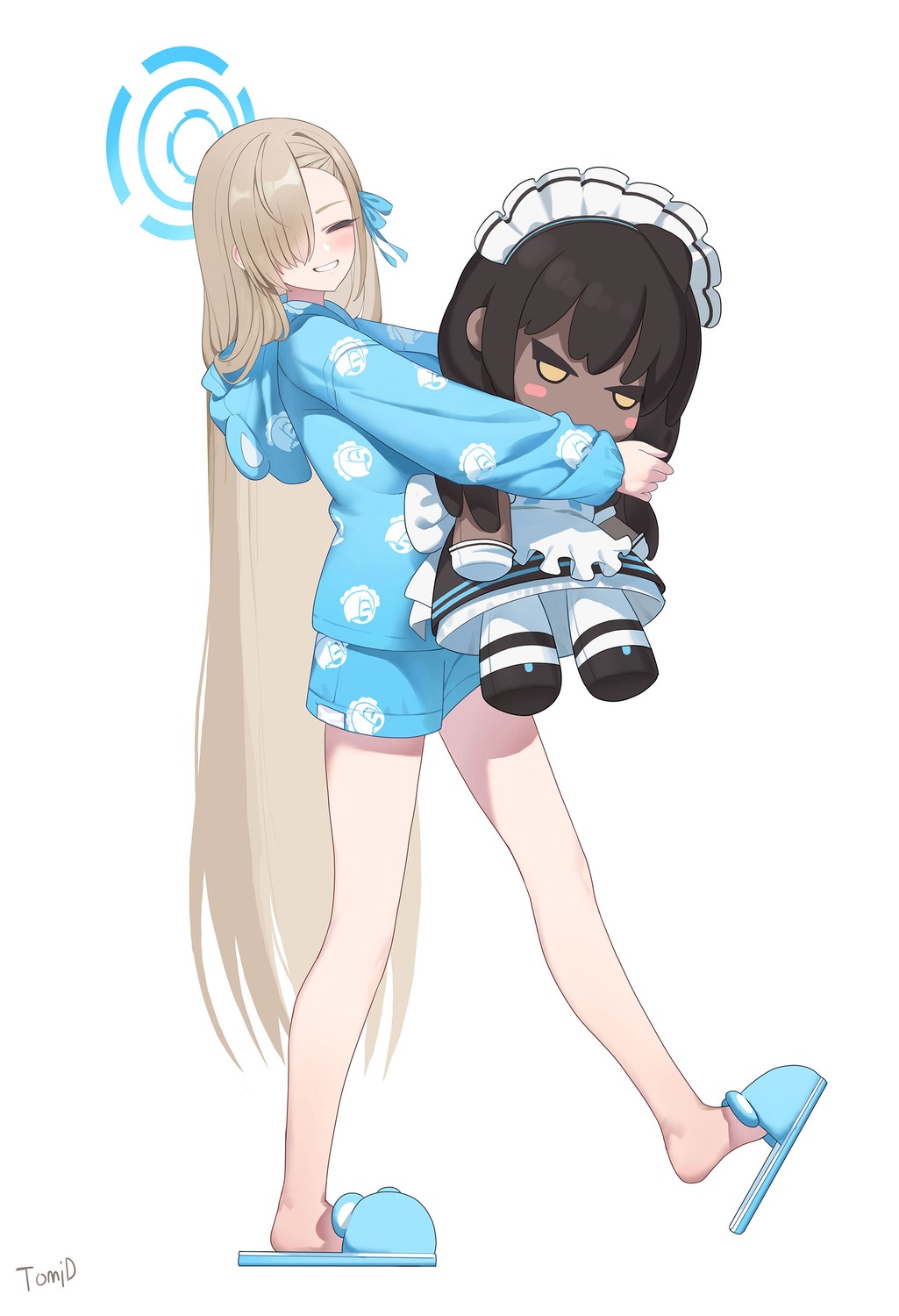 blue_archive, chibi, halo, ichinose_asuna, kakudate_karin, maid, pajama, tomid