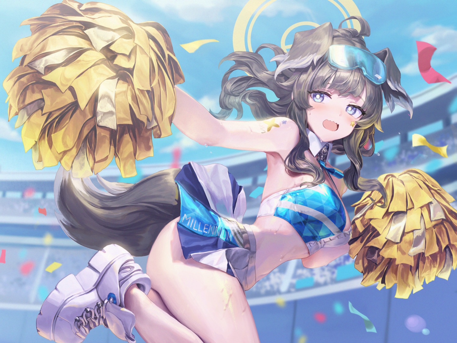 animal_ears, artist_revision, blue_archive, cheerleader, gesoking, halo, inumimi, nekozuka_hibiki, no_bra, skirt_lift, tail, tattoo, wet