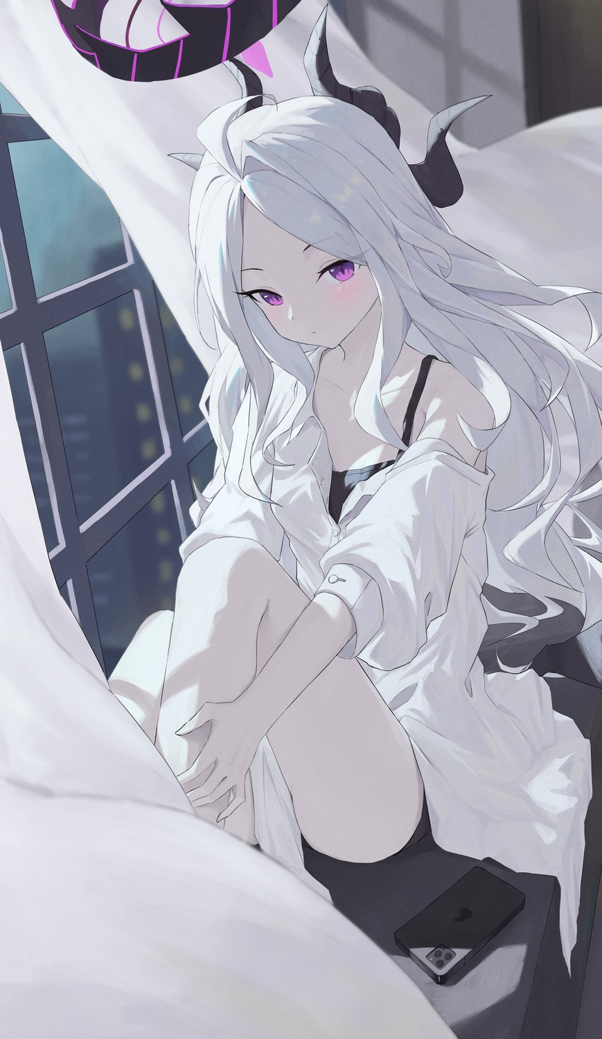 blue_archive, devil, dress_shirt, futaba_nori, halo, horns, sorasaki_hina, wings