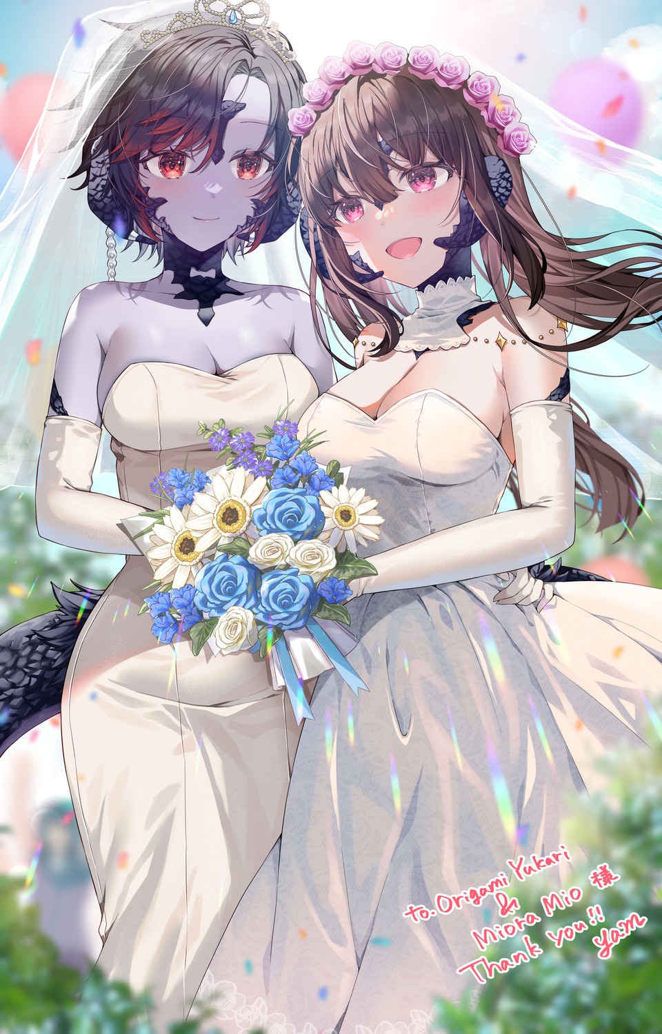 au_ra, dress, final_fantasy, final_fantasy_xiv, horns, no_bra, tail, wedding_dress, yam_(yamap_mako), yuri