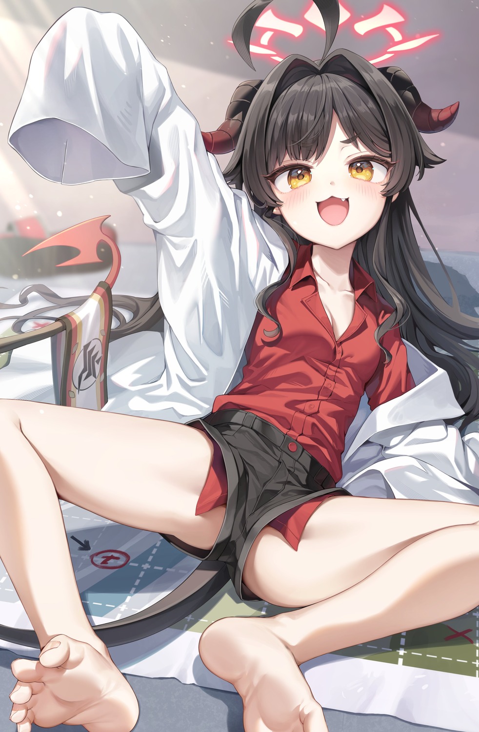0ye, blue_archive, devil, halo, horns, kinugawa_kasumi, open_shirt, seifuku, tail