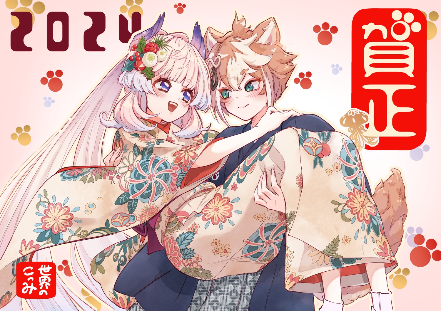 animal_ears, genshin_impact, gorou_(genshin_impact), japanese_clothes, kimono, nocknocktt, sangonomiya_kokomi, tail