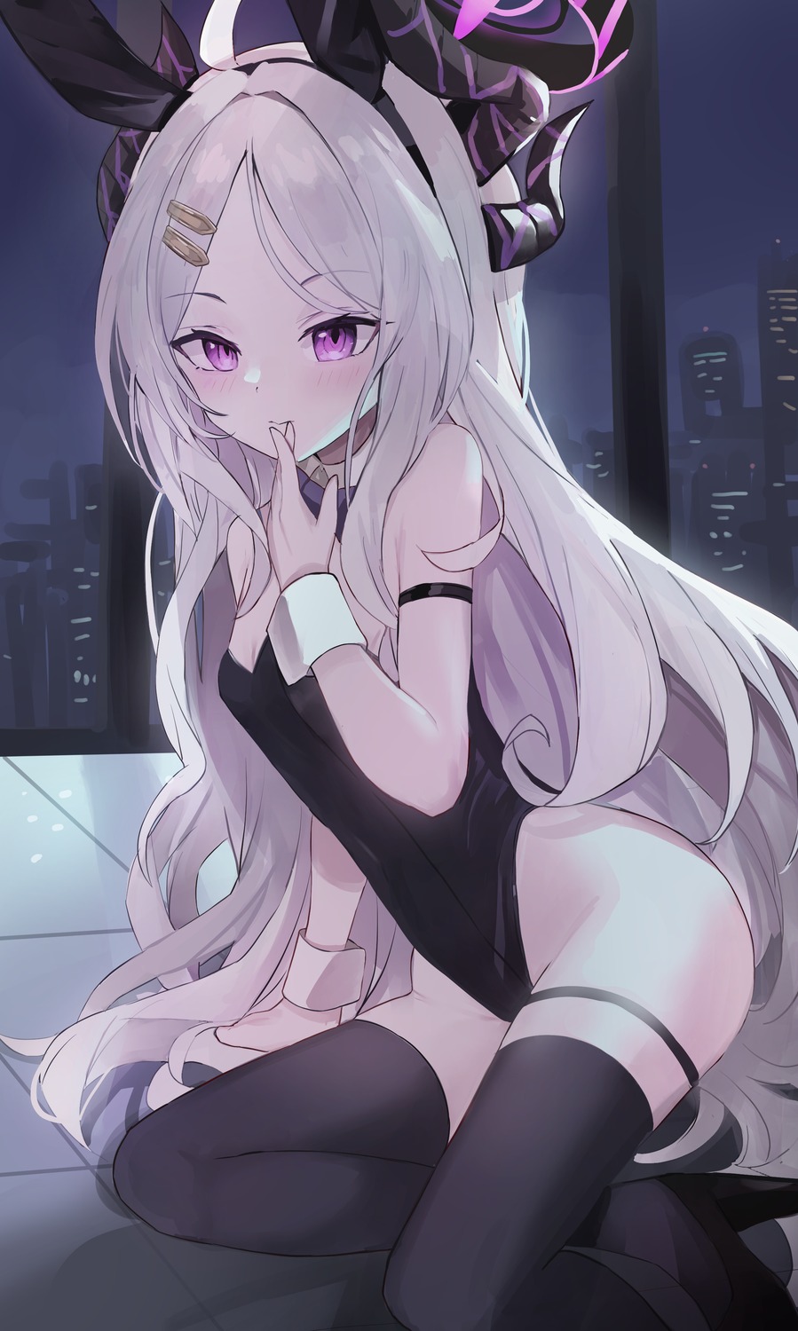 animal_ears, blue_archive, bunny_ears, bunny_girl, halo, horns, pineapple_(pine), sorasaki_hina
