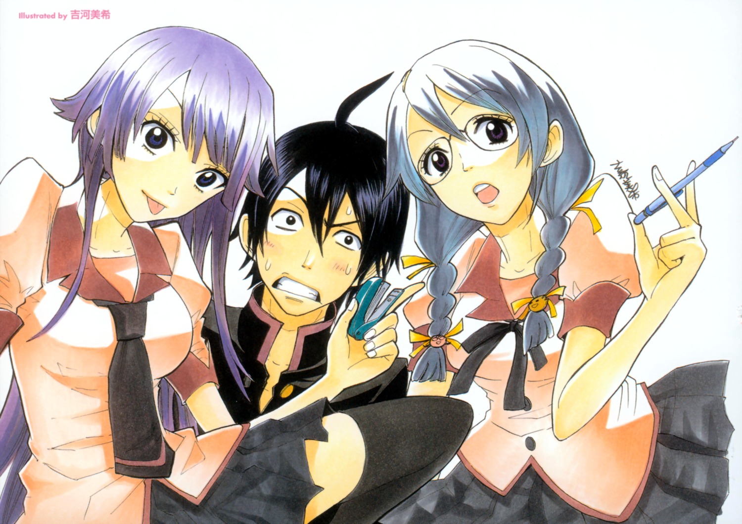 araragi_koyomi, bakemonogatari, hanekawa_tsubasa, monogatari_(series), seifuku, senjougahara_hitagi, thighhighs, yoshikawa_miki