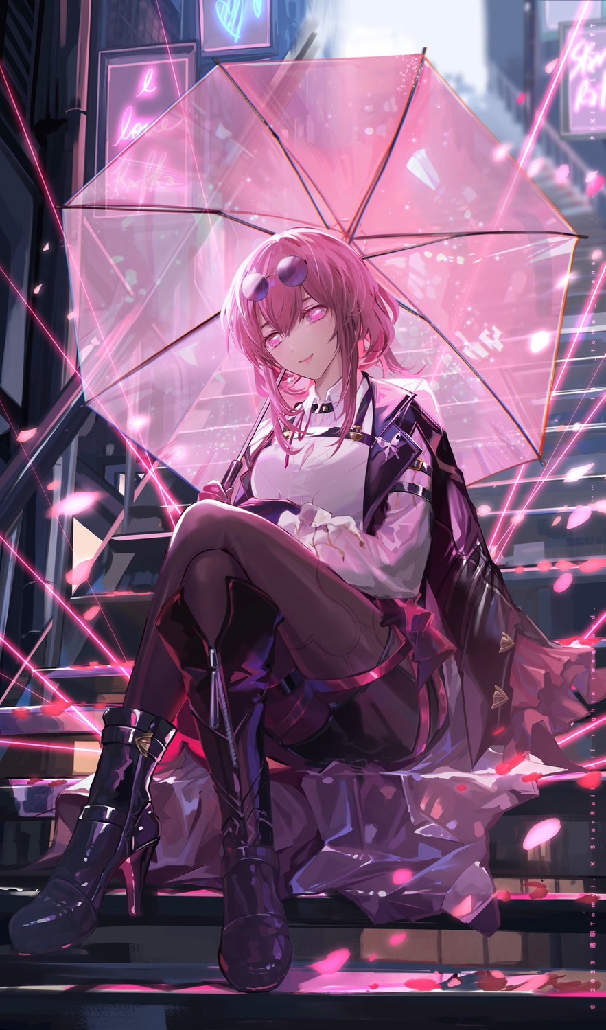garter, heels, honkai:_star_rail, kafka_(honkai:_star_rail), megane, pantyhose, transparent, umbrella