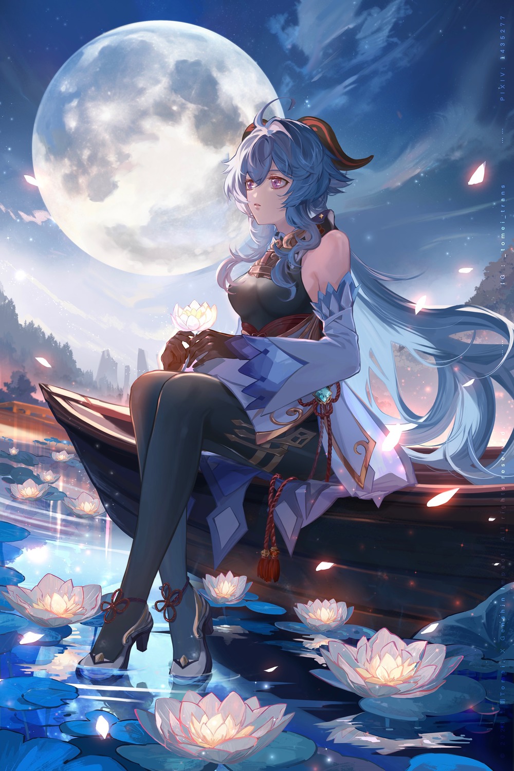 asian_clothes, bodysuit, ganyu, genshin_impact, heels, horns, transparent