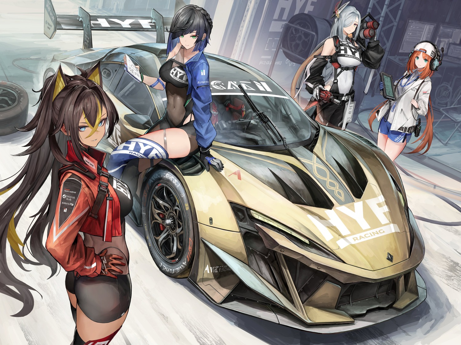 dehya, garter, genshin_impact, headphones, nihoshi_(bipedal_s), nilou, see_through, shenhe, thighhighs, yelan