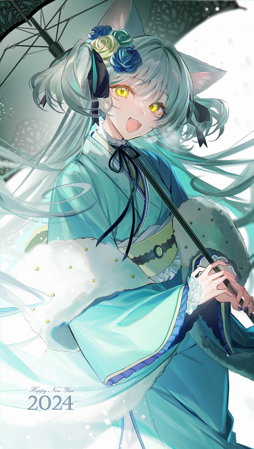 animal_ears, kawachi_rin, kimono, nekomimi, umbrella