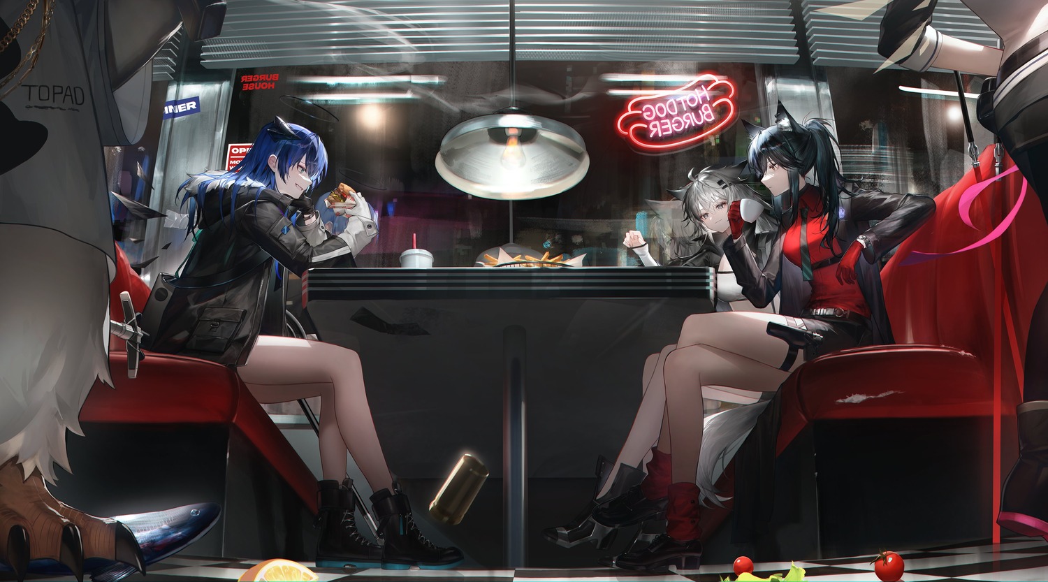 animal_ears, arknights, exusiai_(arknights), fek_zin, garter, halo, horns, lappland_(arknights), mostima_(arknights), tail, texas_(arknights), the_emperor_(arknights), weapon, wings