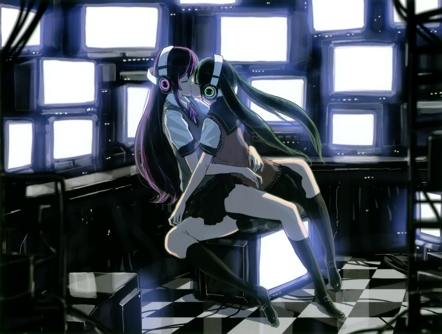 chroma_of_wall, hatsune_miku, headphones, magnet_(vocaloid), megurine_luka, saitom, seifuku, vocaloid, yuri
