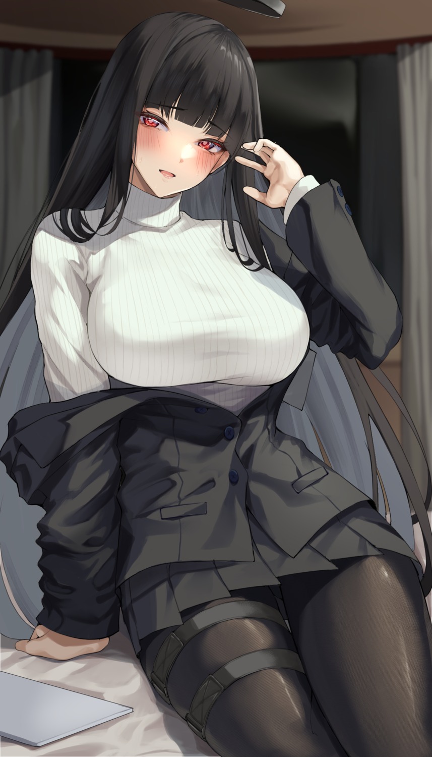 blue_archive, business_suit, garter, halo, pantyhose, sweater, tsukatsuki_rio, white-paka