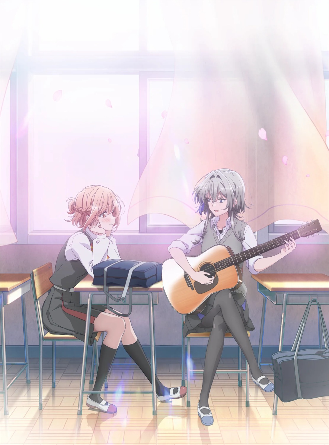 asanagi_yori, guitar, kino_himari, pantyhose, sasayaku_you_ni_koi_wo_utau, seifuku, skirt_lift, sweater, tagme, yuri