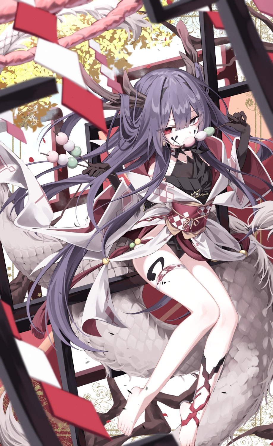 garter, heterochromia, horns, japanese_clothes, leotard, matagi_14, tail