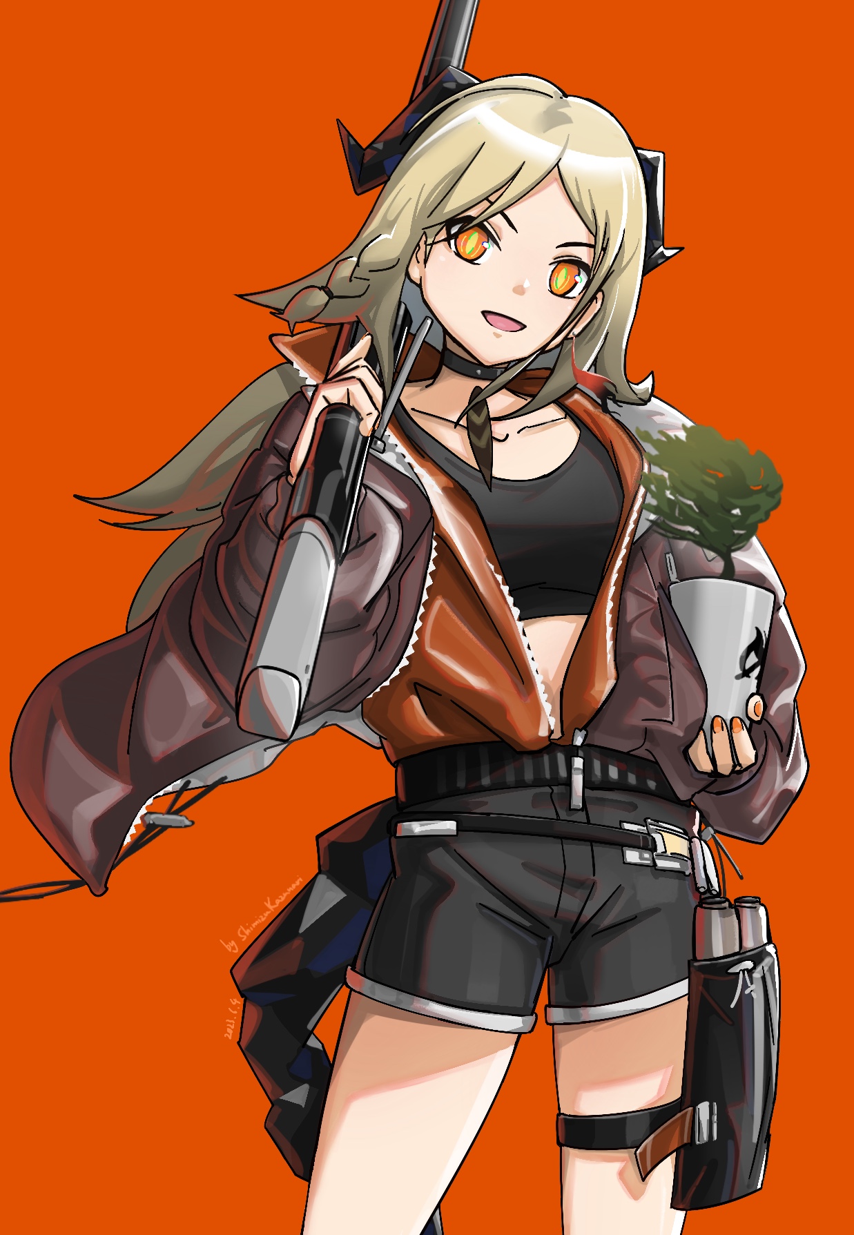 arknights, bra, garter, gun, horns, ifrit_(arknights), open_shirt, shimizu_kazunari, tail, weapon